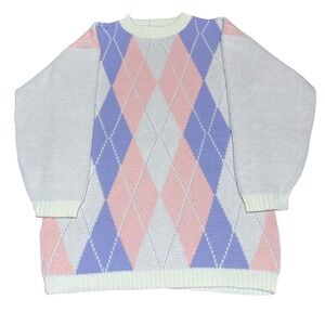 Vintage 80s 90s Bedford Fair Pastel Argyle Plaid Knit Sweater Womens Size Medium
